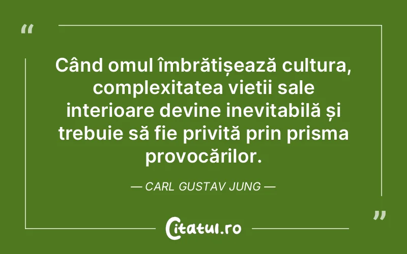Când omul îmbrățișează cultura, complexitatea vieții sale interioare devine inevitabilă și trebuie să fie privită prin prisma provocărilor. Carl Gustav Jung