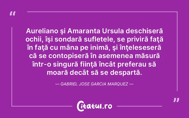 Aureliano şi Amaranta Ursula deschiseră ochii, îşi sondară sufletele, se priviră faţă în faţă cu mâna pe inimă, şi înţeleseseră că se contopiseră în asemenea măsură într-o singură fiinţă încât preferau să moară decât să se despartă. Gabriel Jose Garcia Marquez