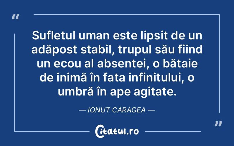Sufletul uman este lipsit de un adăpost stabil, trupul său fiind un ecou al absenței, o bătaie de inimă în fața infinitului, o umbră în ape agitate. Ionut Caragea