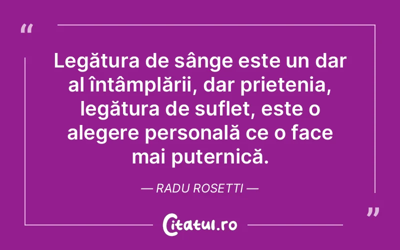 Legătura de sânge este un dar al întâmplării, dar prietenia, legătura de suflet, este o alegere personală ce o face mai puternică. Radu Rosetti