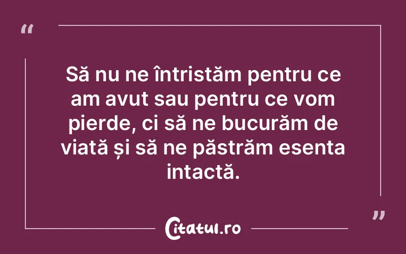 Să nu ne întristăm pentru ce am avut sau pentru ce vom pierde, ci să ne bucurăm de viață și să ne păstrăm esența intactă.