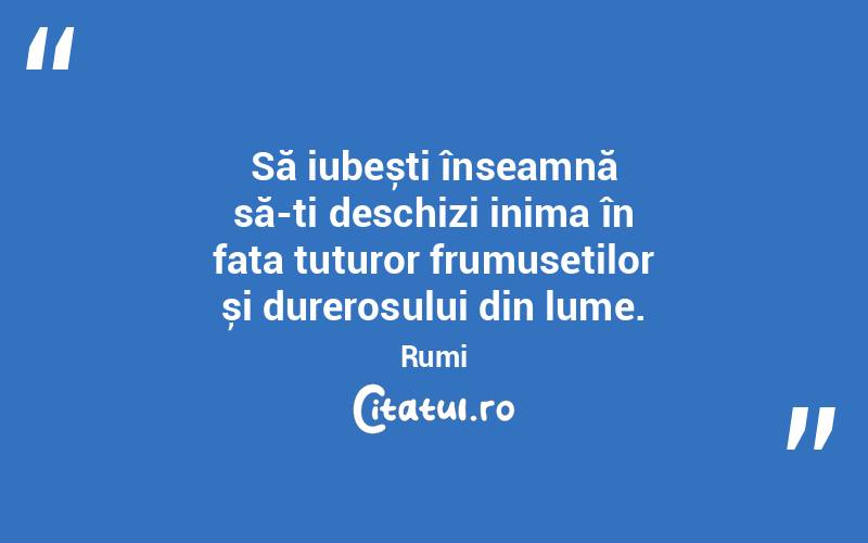 Să iubești înseamnă să-ți deschizi inima în fața tuturor frumuseților și durerosului din lume. Rumi
