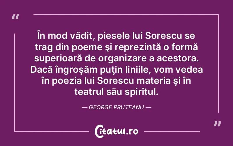 În mod vădit, piesele lui Sorescu se trag din poeme şi reprezintă o formă superioară de organizare a acestora. Dacă îngroşăm puţin liniile, vom vedea în poezia lui Sorescu materia şi în teatrul său spiritul. George Pruteanu