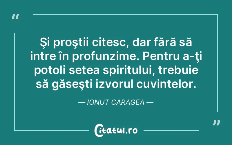 Şi proştii citesc, dar fără să intre în profunzime. Pentru a-ţi potoli setea spiritului, trebuie să găseşti izvorul cuvintelor. Ionut Caragea