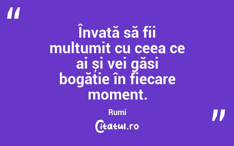 Învață să fii mulțumit cu ceea ce ai și vei găsi bogăție în fiecare moment. Rumi
