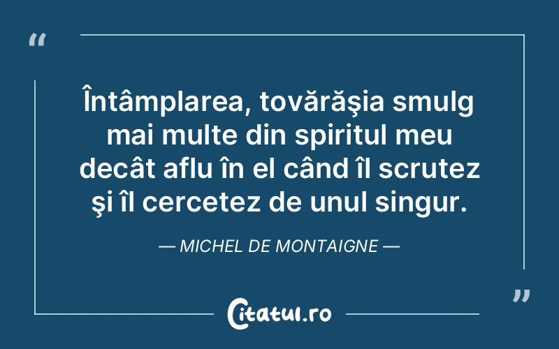 Întâmplarea, tovărăşia smulg mai multe din spiritul meu decât aflu în el când îl scrutez şi îl cercetez de unul singur. Michel de Montaigne