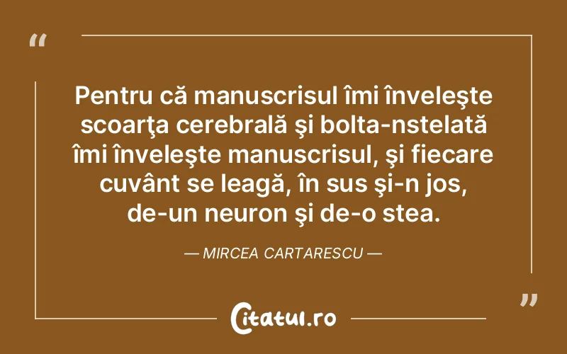 Pentru că manuscrisul îmi înveleşte scoarţa cerebrală şi bolta-nstelată îmi înveleşte manuscrisul, şi fiecare cuvânt se leagă, în sus şi-n jos, de-un neuron şi de-o stea. Mircea Cartarescu
