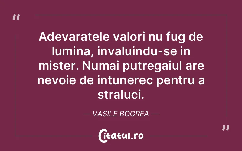 Adevaratele valori nu fug de lumina, invaluindu-se in mister. Numai putregaiul are nevoie de intunerec pentru a straluci. Vasile Bogrea