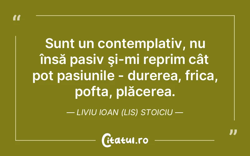Sunt un contemplativ, nu însă pasiv şi-mi reprim cât pot pasiunile - durerea, frica, pofta, plăcerea. Liviu Ioan (lis) Stoiciu