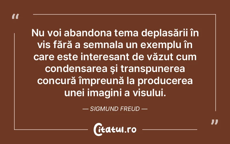 Nu voi abandona tema deplasării în vis fără a semnala un exemplu în care este interesant de văzut cum condensarea şi transpunerea concură împreună la producerea unei imagini a visului. Sigmund Freud