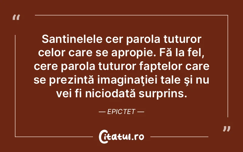 Santinelele cer parola tuturor celor care se apropie. Fă la fel, cere parola tuturor faptelor care se prezintă imaginaţiei tale şi nu vei fi niciodată surprins. Epictet