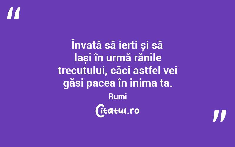 Învață să ierți și să lași în urmă rănile trecutului, căci astfel vei găsi pacea în inima ta. Rumi
