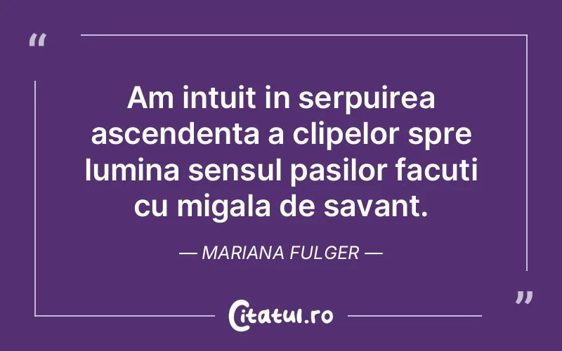 Am intuit in serpuirea ascendenta a clipelor spre lumina sensul pasilor facuti cu migala de savant. Mariana Fulger