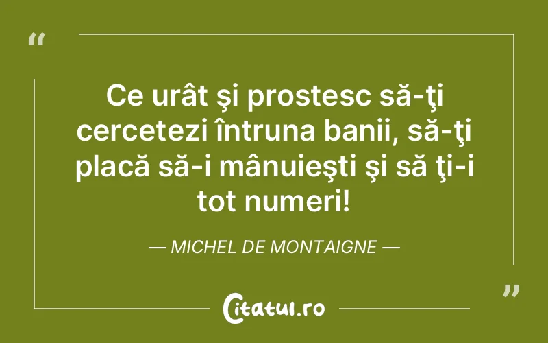Ce urât şi prostesc să-ţi cercetezi întruna banii, să-ţi placă să-i mânuieşti şi să ţi-i tot numeri! Michel de Montaigne