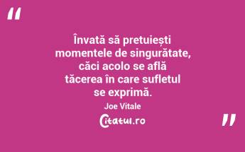 Învață să prețuiești momentele de singurătate, căci acolo se află tăcerea în care sufletul se exprimă. Joe Vitale...