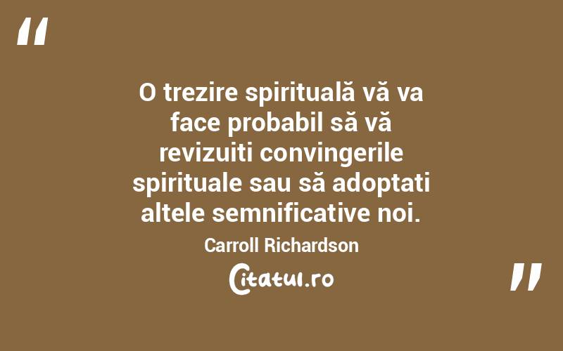   O trezire spirituală vă va face probabil să vă revizuiți convingerile spirituale sau să adoptați altele semnificative noi. Carroll Richardson
