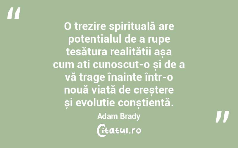   O trezire spirituală are potențialul de a rupe țesătura realității așa cum ați cunoscut-o și de a vă trage înainte într-o nouă viață de creștere și evoluție conștientă. Adam Brady
