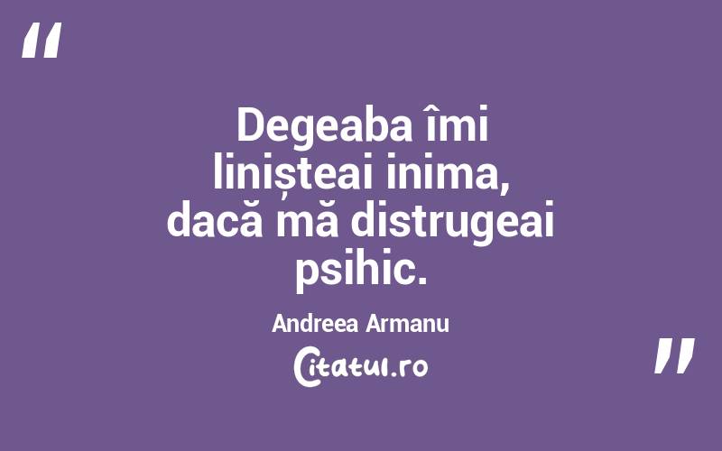 Degeaba îmi linișteai inima, dacă mă distrugeai psihic. Andreea Armanu