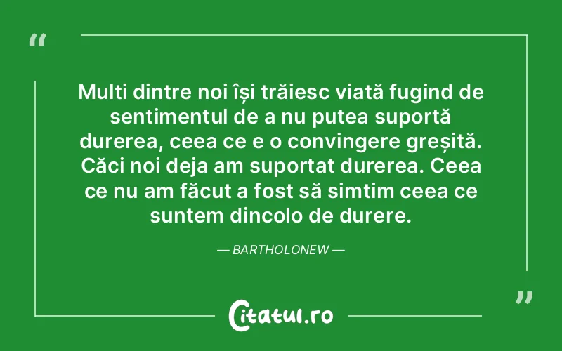 Mulți dintre noi își trăiesc viață fugind de sentimentul de a nu putea suportă durerea, ceea ce e o convingere greșită. Căci noi deja am suportat durerea. Ceea ce nu am făcut a fost să simțim ceea ce suntem dincolo de durere. Bartholonew