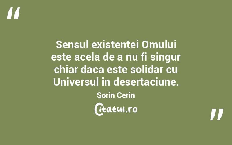 Sensul existentei Omului este acela de a nu fi singur chiar daca este solidar cu Universul in desertaciune. Sorin Cerin