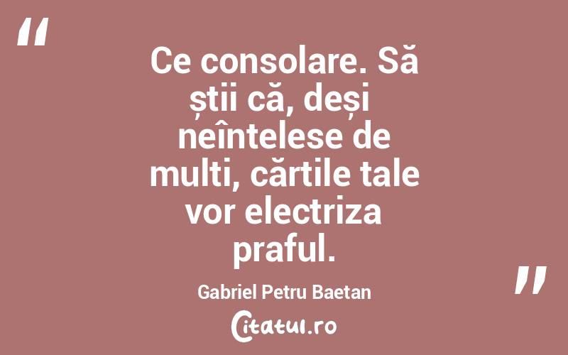Ce consolare. Să știi că, deși  neînțelese de mulți, cărțile tale vor electriza praful. Gabriel Petru Baetan