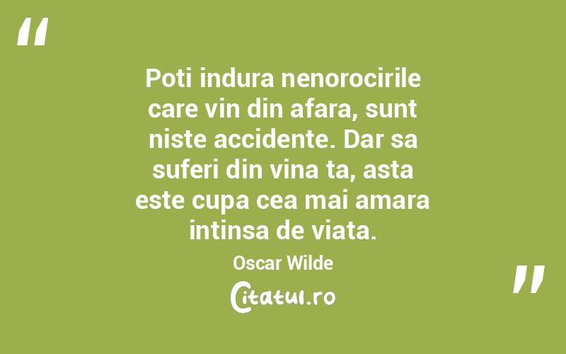 Poti indura nenorocirile care vin din afara, sunt niste accidente. Dar sa suferi din vina ta, asta este cupa cea mai amara intinsa de viata. Oscar Wilde