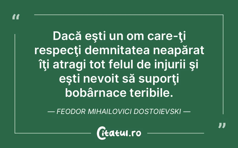 Dacă eşti un om care-ţi respecţi demnitatea neapărat îţi atragi tot felul de injurii şi eşti nevoit să suporţi bobârnace teribile. Feodor Mihailovici Dostoievski