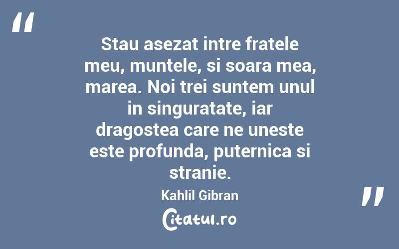 Stau asezat intre fratele meu, muntele, si soara mea, marea. Noi trei suntem unul in singuratate, iar dragostea care ne uneste este profunda, puternica si stranie. Kahlil Gibran
