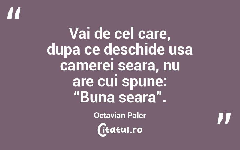 Vai de cel care, dupa ce deschide usa camerei seara, nu are cui spune: “Buna seara”. Octavian Paler