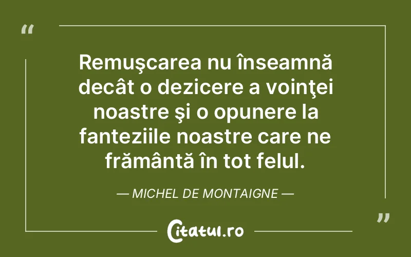 Remuşcarea nu înseamnă decât o dezicere a voinţei noastre şi o opunere la fanteziile noastre care ne frământă în tot felul. Michel de Montaigne