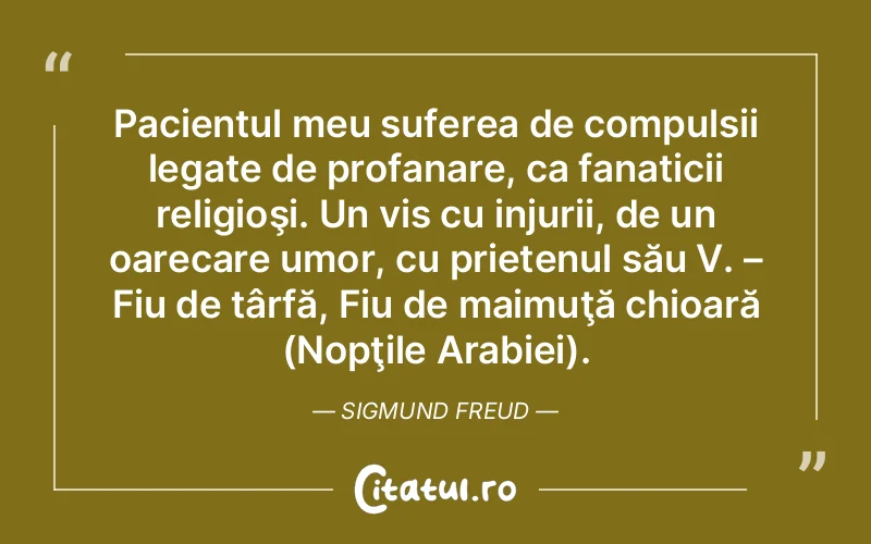 Pacientul meu suferea de compulsii legate de profanare, ca fanaticii religioşi. Un vis cu injurii, de un oarecare umor, cu prietenul său V. – Fiu de târfă, Fiu de maimuţă chioară (Nopţile Arabiei). Sigmund Freud