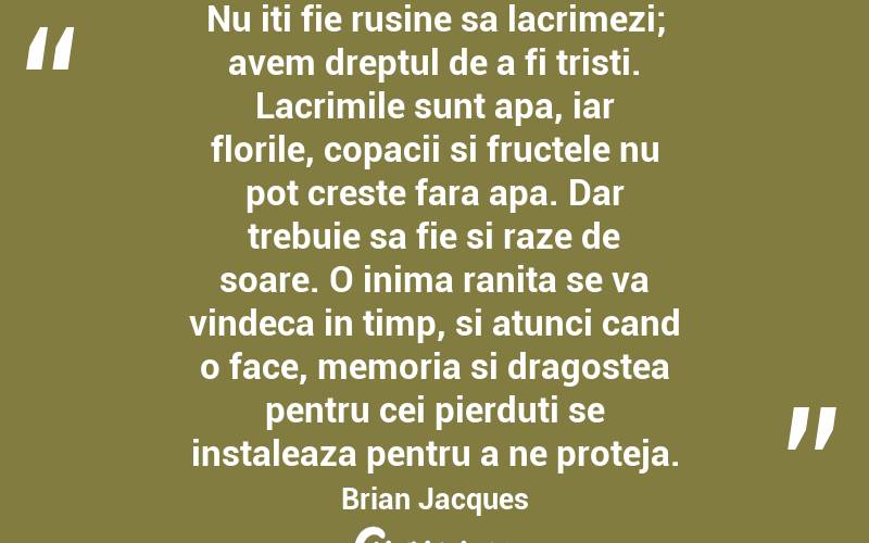 Nu iti fie rusine sa lacrimezi; avem dreptul de a fi tristi. Lacrimile sunt apa, iar florile, copacii si fructele nu pot creste fara apa. Dar trebuie sa fie si raze de soare. O inima ranita se va vindeca in timp, si atunci cand o face, memoria si dragostea pentru cei pierduti se instaleaza pentru a ne proteja. Brian Jacques
