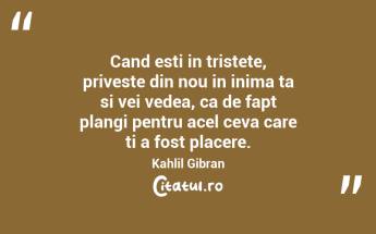 Cand esti in tristete, priveste din nou in inima ta si vei vedea, ca de fapt plangi pentru acel ceva care ti a fost placere. Kahlil Gibran...