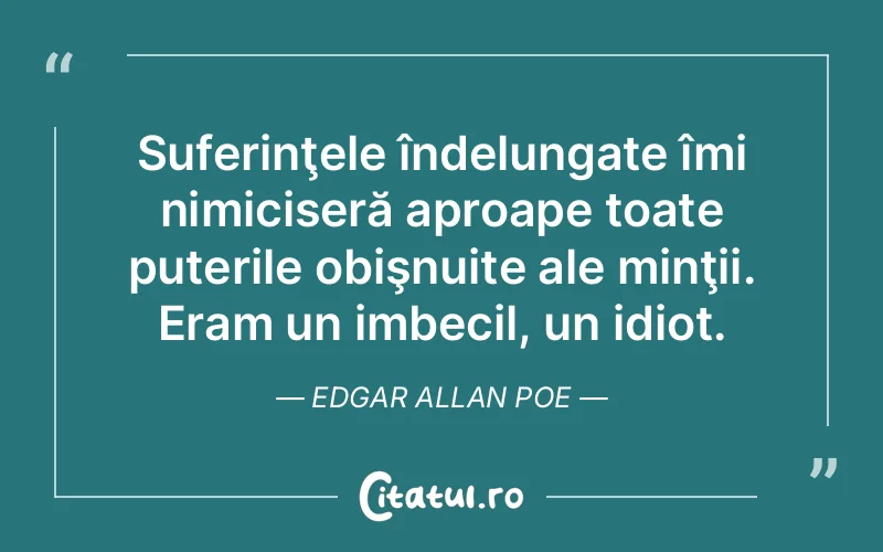 Suferinţele îndelungate îmi nimiciseră aproape toate puterile obişnuite ale minţii. Eram un imbecil, un idiot. Edgar Allan Poe