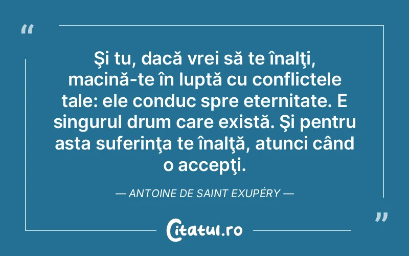 Şi tu, dacă vrei să te înalţi, macină-te în luptă cu conflictele tale: ele conduc spre eternitate. E singurul drum care există. Şi pentru asta suferinţa te înalţă, atunci când o accepţi. Antoine de Saint Exupéry
