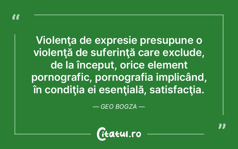 Violenţa de expresie presupune o violenţă de suferinţă care exclude, de la început, orice element pornografic, pornografia implicând, în condiţia ei esenţială, satisfacţia. Geo Bogza