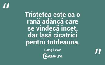Tristețea este ca o rană adâncă care se vindecă încet, dar lasă cicatrici pentru totdeauna. Lang Leav...