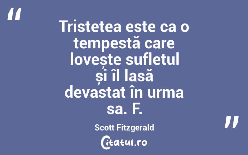 Tristețea este ca o tempestă care lovește sufletul și îl lasă devastat în urma sa. F. Scott Fitzgerald
