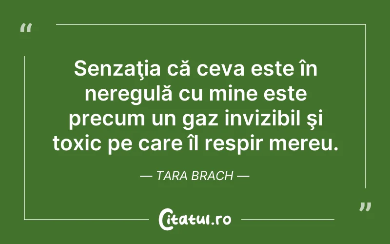 Senzaţia că ceva este în neregulă cu mine este precum un gaz invizibil şi toxic pe care îl respir mereu. Tara Brach