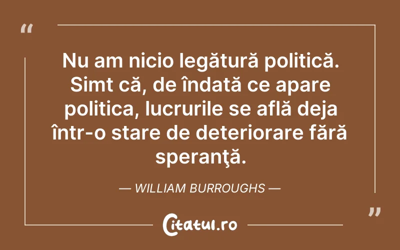 Nu am nicio legătură politică. Simt că, de îndată ce apare politica, lucrurile se află deja într-o stare de deteriorare fără speranţă. William Burroughs