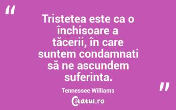 Tristețea este ca o închisoare a tăcerii, în care suntem condamnați să ne ascundem suferința. Tennessee Williams...