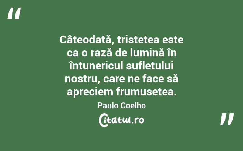 Câteodată, tristețea este ca o rază de lumină în întunericul sufletului nostru, care ne face să apreciem frumusețea. Paulo Coelho