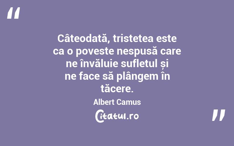 Câteodată, tristețea este ca o poveste nespusă care ne învăluie sufletul și ne face să plângem în tăcere. Albert Camus
