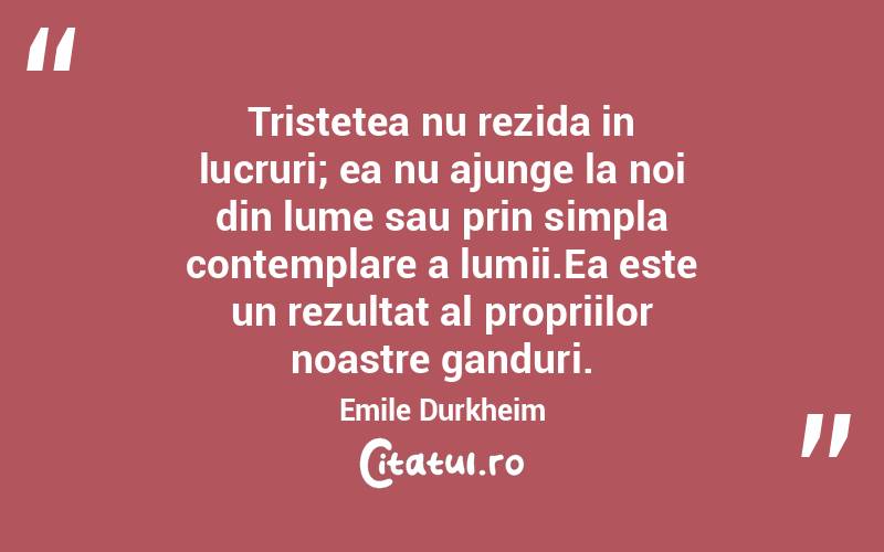 Tristetea nu rezida in lucruri; ea nu ajunge la noi din lume sau prin simpla contemplare a lumii.Ea este un rezultat al propriilor noastre ganduri. Emile Durkheim