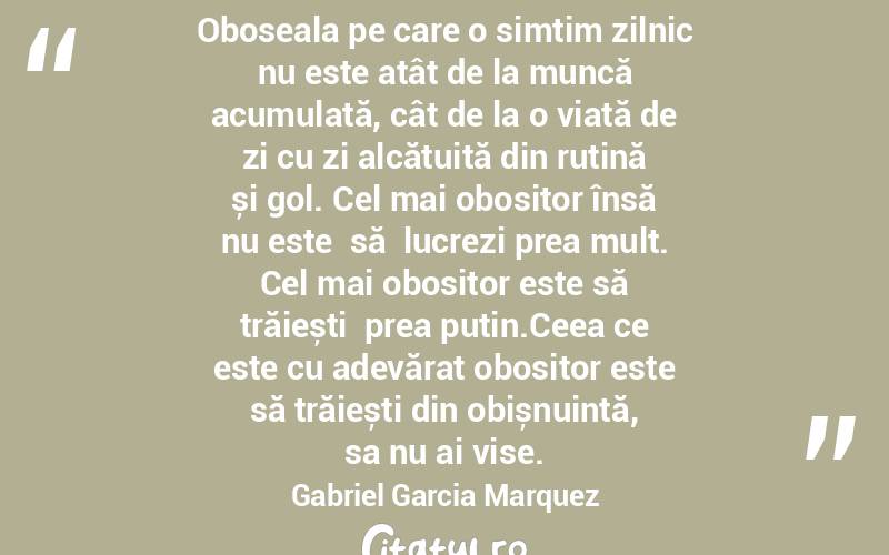 Oboseala pe care o simțim zilnic nu este atât de la muncă acumulată, cât de la o viață de zi cu zi alcătuită din rutină și gol. Cel mai obositor însă nu este  să  lucrezi prea mult. Cel mai obositor este să trăiești  prea puțin.Ceea ce este cu adevărat obositor este să trăiești din obișnuință, sa nu ai vise. Gabriel Garcia Marquez