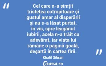   Cel care n-a simţit tristeţea cotropitoare şi gustul amar al disperării şi nu s-a lăsat purtat, în vis, spre leagănul iubirii, acela n-a trăit cu adevărat, iar viaţa lui rămâne o pagină goală, deşartă în cartea firii. Khalil Gibran...