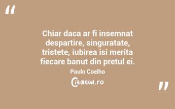 Chiar daca ar fi insemnat despartire, singuratate, tristete, iubirea isi merita fiecare banut din pretul ei. Paulo Coelho...