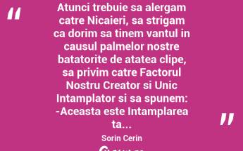 Atunci trebuie sa alergam catre Nicaieri, sa strigam ca dorim sa tinem vantul in causul palmelor nostre batatorite de atatea clipe, sa privim catre Factorul Nostru Creator si Unic Intamplator si sa spunem: -Aceasta este Intamplarea ta... Sorin Cerin...