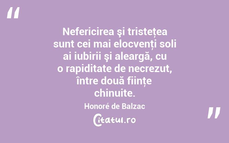   Nefericirea şi tristeţea sunt cei mai elocvenţi soli ai iubirii şi aleargă, cu o rapiditate de necrezut, între două fiinţe chinuite. Honoré de Balzac
