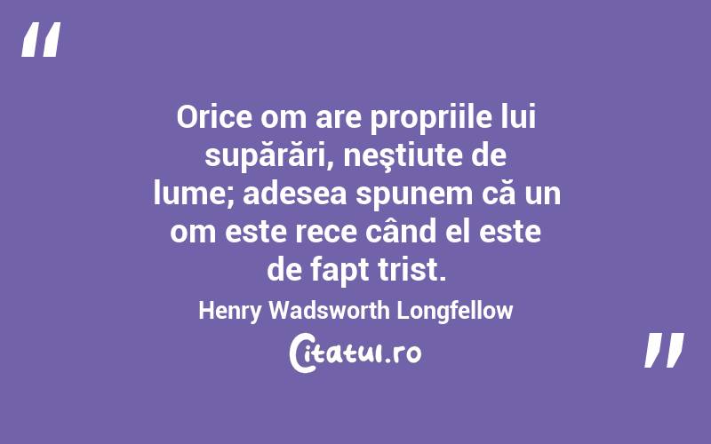 Orice om are propriile lui supărări, neştiute de lume; adesea spunem că un om este rece când el este de fapt trist. Henry Wadsworth Longfellow

